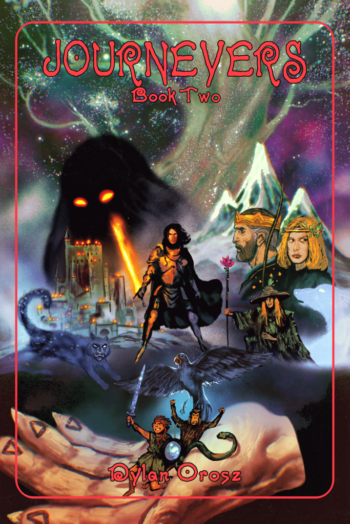 Book cover: Journeyers: Book Two Author = Dylan Orosz The four journeyers prepare for battle in the palm of a Magician’s hands. A boy with sword, shield, and bow crouches next to a martial monkey, a spy snake, and a bird diplomat. They face off against a shapeshifting cat, a Knight with a burning sword, and a kingdom at civil war. A druid and spirit wolf sit under a stolid king and rebel queen wielding bow and arrow. A shadowy cloaked figure looms over a castle, with yellow eyes and the elemental sigils on his fingers. A giant tree snakes through the cosmos above and overwatches the whole grand saga. Art by Goran Gligović